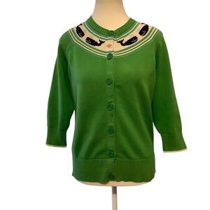 LL Bean Green Knit Button Front Cotton Whale Print Cardigan/ Size L
